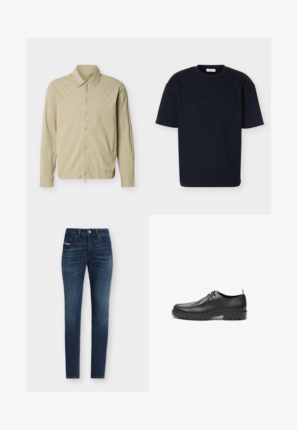 Μπεζ ελαφρύ μπουφάν με μακριά μανίκια, γιακά και ασημένιο φερμουάρ πλήρους μήκους μπροστά πάνω σε λευκό φόντο.; Μαύρο κοντομάνικο μπλουζάκι με στρογγυλή λαιμόκοψη, άνετη εφαρμογή και διακριτή υφή υφάσματος, εμφανιζόμενο σε απλό φωτεινό φόντο.; Στενά σκούρα μπλε τζιν με κλασικό σχεδιασμό πέντε τσεπών και διακριτικές ξεθωριασμένες λεπτομέρειες στους μηρούς.; Μαύρα δερμάτινα παπούτσια με απαλό φινίρισμα, στρογγυλή μύτη και διακοσμητική ραφή. Διαθέτουν καουτσούκ σόλα με αυλακώσεις πρόσφυσης και σχέδιο δέσιμο.