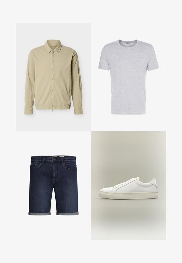 Beige leichte Jacke mit langen Ärmeln, einem Kragen und einem durchgehenden silbernen Reißverschluss vorne vor weißem Hintergrund.; Graues Baumwoll-T-Shirt mit Rundhalsausschnitt, kurzärmlig und schlichtem Design, das eine weiche, glatte Textur aufweist und keine sichtbaren Muster oder Verzierungen hat.; Dunkelblaue Denim-Shorts mit klassischem Fünf-Taschen-Design, umgeschlagenem Saum und Knopfverschluss. Glatte Textur.; Weißer Sneaker mit niedrigem Schaft, vorn mit Schnürung und dicker Sohle, aus der Seitenansicht vor neutralem Hintergrund.