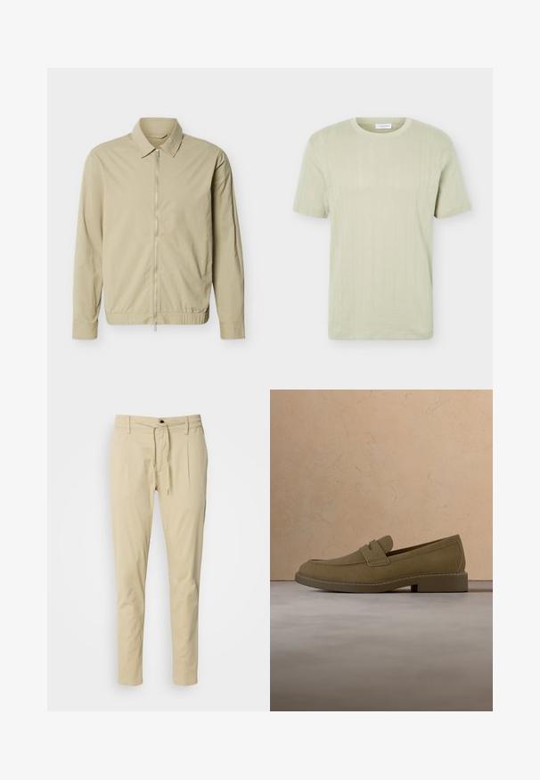 Chaqueta ligera de color beige con mangas largas, cuello y cremallera plateada de largo completo en la parte delantera sobre un fondo blanco.; Camiseta de punto de manga corta de color verde claro con escote redondo y sutiles patrones texturizados verticales.; Pantalones beige de corte ajustado, hechos de una mezcla de algodón. Cintura elástica con cordón, dos pliegues frontales y patas rectas.; Zapato mocasín de ante marrón flotando sobre una alfombra beige texturizada en una sala de estar con una mesa de café de madera y libros apilados.
