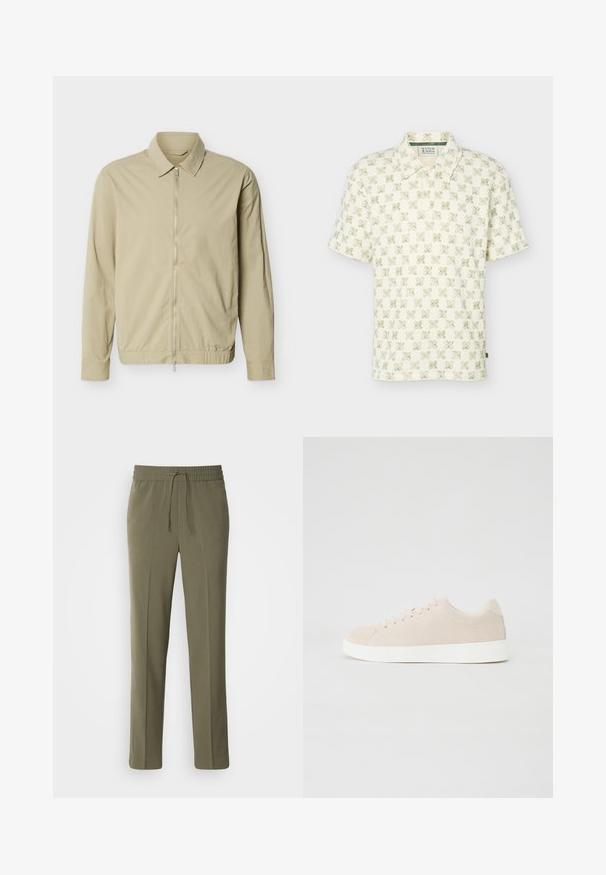 Chaqueta ligera de color beige con mangas largas, cuello y cremallera plateada de largo completo en la parte delantera sobre un fondo blanco.; Polo de manga corta color crema con estampado floral verde, cuello y tapeta de dos botones de Scotch & Soda.; Pantalones de color verde oliva, ligeros, con cintura elástica y cordón ajustable; diseño de pierna recta y textura suave.; Zapatillas de ante beige con suelas de goma blanca, puntera redondeada y seis ojales para los cordones. Textura suave con un diseño minimalista.