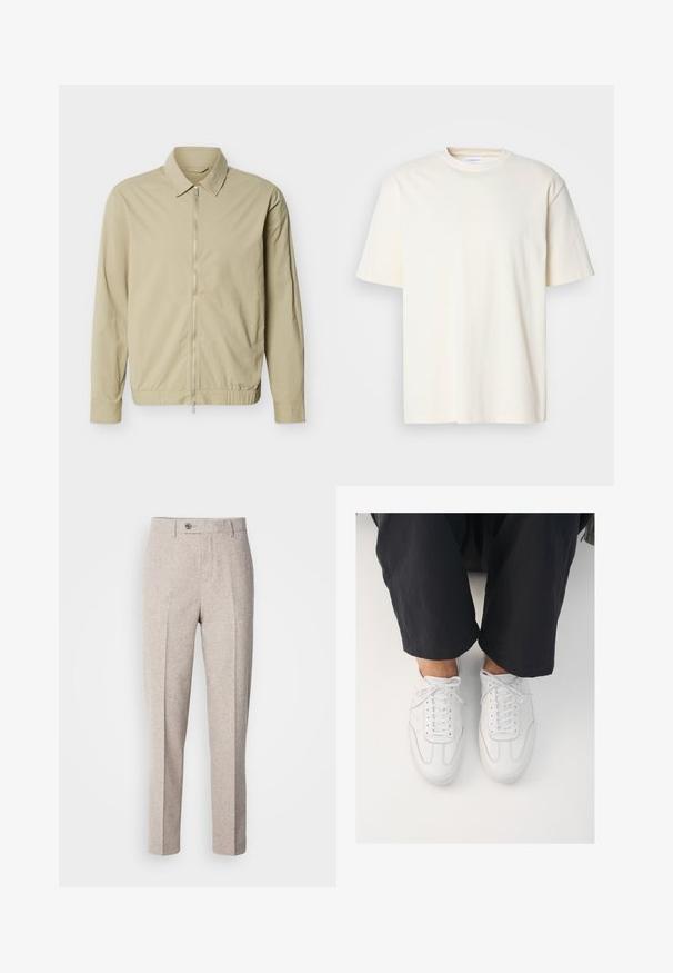 Beezhika kaalult hinges mantel, pikkade varrukatega, kraega ja kogu pikkuses hõbedase luku esiküljel valgel taustal.; Üksikasjalik heleb beige lühikeste varrukatega T-särk, unisex disain, esitleb neutraalses hallis taustas.; Heled beige villased püksid sujuva tekstuuri, sirge lõike, ees olevate voldikute ja vöökoha ühekordse nööbi kinnitusega.; Valged nahast tossud, millel on sile tekstuur, ümar varvas ja klassikaline nöörimis süsteem, paiknevad tumedate, vabalt istuvate pükste kohal.