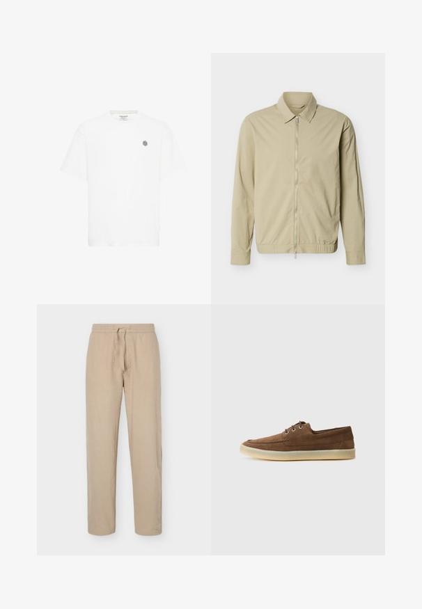Beige lichtgewicht jack met lange mouwen, een kraag en een zilveren rits van boven tot onder aan de voorkant, tegen een witte achtergrond.; Witte t-shirt met korte mouwen, voorzien van een ronde halslijn en een klein grijs geometrisch logo op de linkerborst. Gemaakt van zacht katoen.; Beige broek met elastische taille en trekkoord, rechte pijpen en zijzakken, afgebeeld tegen een effen witte achtergrond.; Bruine suede schoenen met een laag profiel, vetersluiting, rubberen zool en contrasterende stiksels. Eenvoudige en functionele stijl.