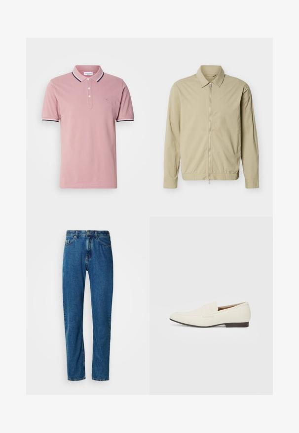Beige letvægtsjakke med lange ærmer, krave og en sølvfarvet lynlås i fuld længde foran mod en hvid baggrund.; Lyserød polo shirt med en to-knaps stolpe, ribbet krave med marineblå og hvide striber og et diskret logo broderet på brystet.; Blå lige ben denim jeans med fem lommer og frontlukning med knap på en hvid baggrund.; Lys beige loafers med spids tå, glat materiale, en rem over vampen og en lav brun sål. Simpelt design med minimale detaljer.