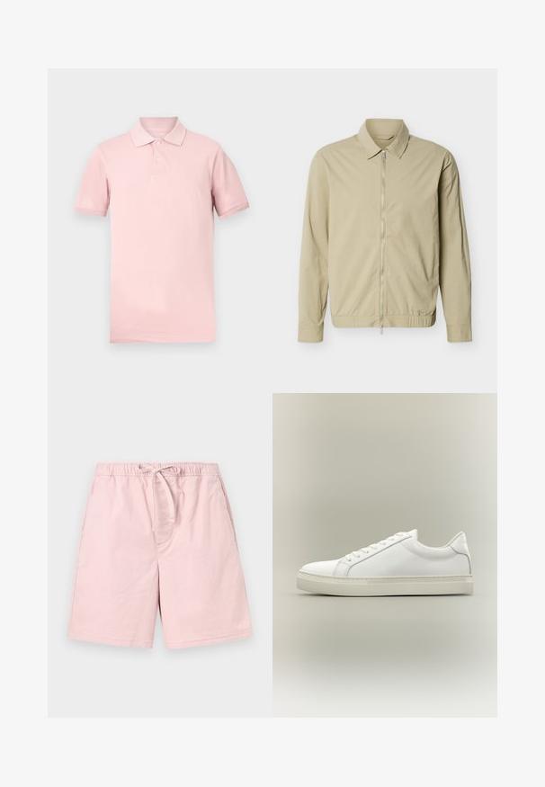 Veste légère beige à manches longues, col, et fermeture éclair argentée sur toute la longueur à l'avant, sur fond blanc.; Polo à manches courtes rose pâle avec col côtelé et deux boutons, design uni, présenté sur un fond blanc.; Shorts décontractés rose clair avec taille élastique et cordon de serrage, avec poches latérales, sur fond uni clair.; Baskets blanches basses à lacets sur l’avant et semelle épaisse, vues de côté sur un fond neutre.