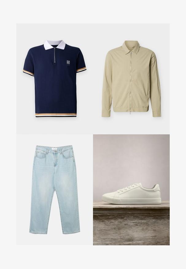 Beige lichtgewicht jack met lange mouwen, een kraag en een zilveren rits van boven tot onder aan de voorkant, tegen een witte achtergrond.; Marineblauw polo shirt met witte kraag, kwart-rits ontwerp en gestructureerde stof. Beschikt over gestreepte accenten in goud en wit op de mouwen.; Lichtblauwe denim jeans met een relaxte fit, vijf zakken, een knoopsluiting en subtiele vervaging. De textuur is glad en licht versleten.; Witte vetersneaker die boven een houten bank zweeft met groene bladeren op de achtergrond, waarbij het ontwerp en de textuur van de schoen worden getoond.