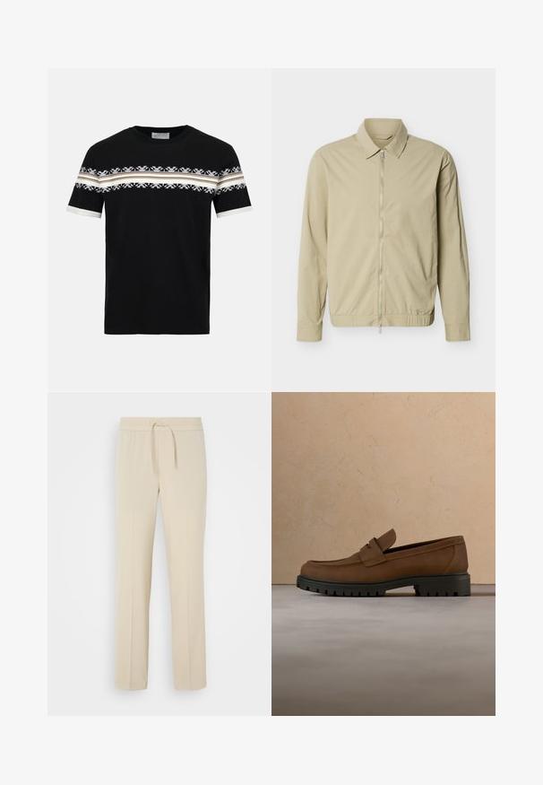 Veste légère beige à manches longues, col, et fermeture éclair argentée sur toute la longueur à l'avant, sur fond blanc.; T-shirt noir à manches courtes avec des rayures horizontales blanches et beiges et des motifs géométriques sur la poitrine et les manches, col rond.; Pantalons beiges à taille élastique avec cordon de serrage. Comprend des jambes droites et une texture lisse, adaptés pour un usage décontracté ou pour se détendre.; Mocassin en cuir marron foncé avec semelle épaisse en caoutchouc noir présenté au-dessus d’un tapis beige et d’un canapé en arrière-plan.