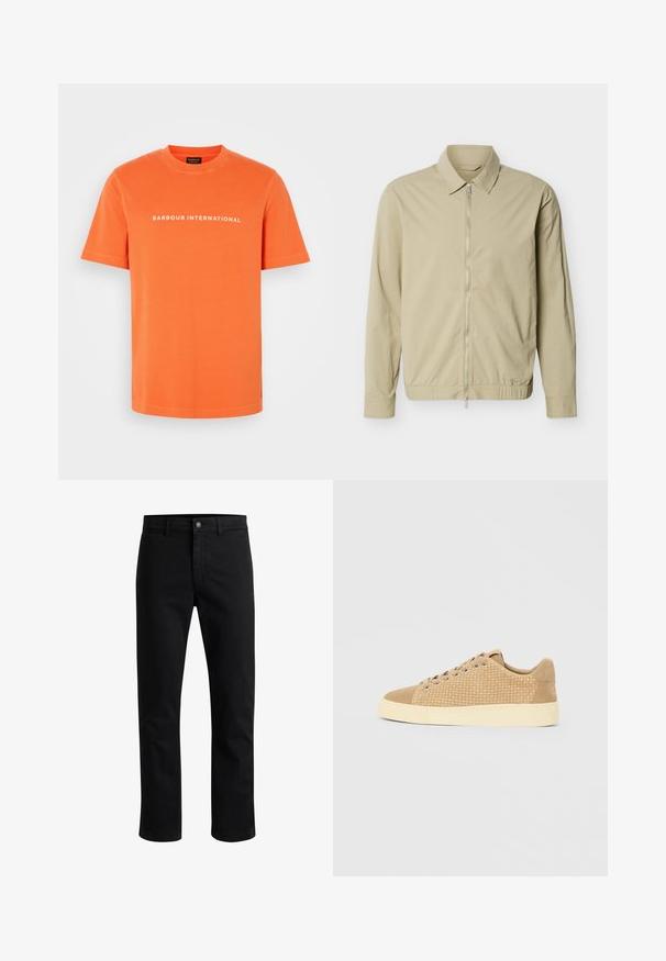 Beige leichte Jacke mit langen Ärmeln, einem Kragen und einem durchgehenden silbernen Reißverschluss vorne vor weißem Hintergrund.; Oranges Baumwoll-T-Shirt mit rundem Halsausschnitt und kurzen Ärmeln. Auf der Brust steht in weißem Text "BARBOUR INTERNATIONAL".; Schwarze Baumwollhosen mit geradem Schnitt, Knopfverschluss und Fronttaschen. Glatte Textur und minimale Details.; Beige Sneakers mit einem gewebten Muster am Obermaterial, Wildlederakzenten, einer abgerundeten Spitze und einer gelblichen Gummisohle.
