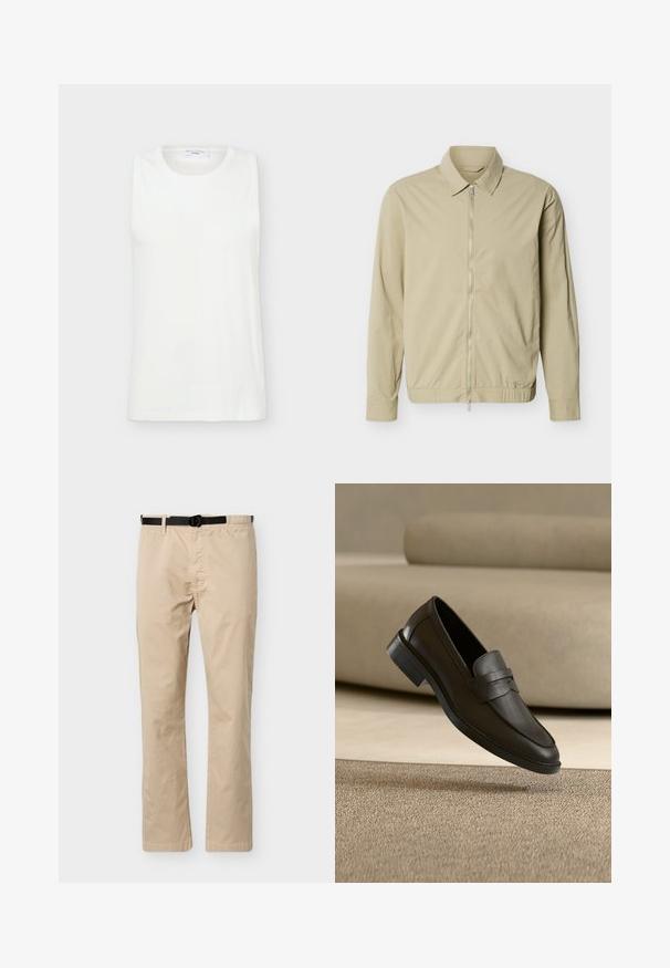 Veste légère beige à manches longues, col, et fermeture éclair argentée sur toute la longueur à l'avant, sur fond blanc.; Haut blanc sans manches à col rond en tissu lisse, présenté à plat sur un fond clair.; Pantalon beige à jambes droites avec ceinture noire ajustable, taille élastique d'un côté et couture décorative à l'avant.; Chaussure loafer en cuir noir reposant sur un tapis beige avec un canapé beige courbé en arrière-plan.