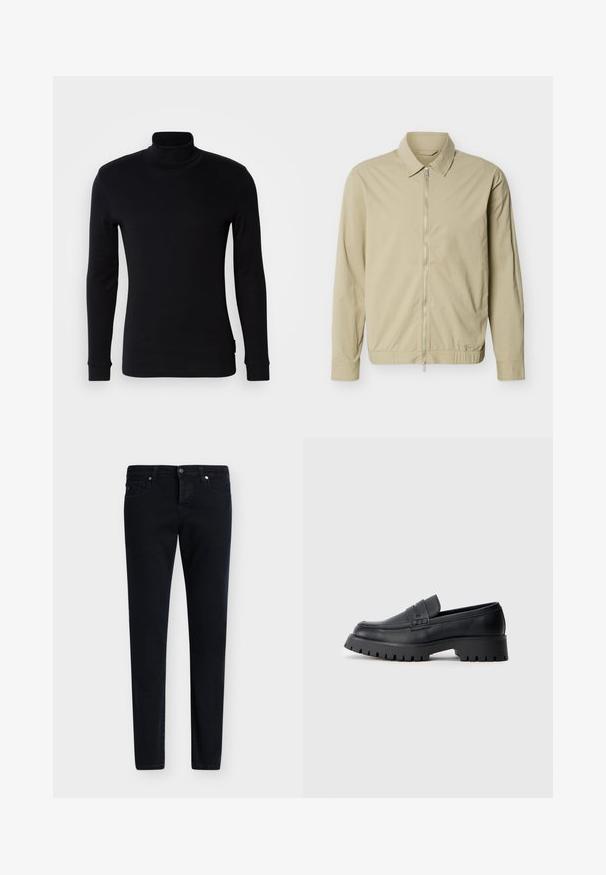 Beige lichtgewicht jack met lange mouwen, een kraag en een zilveren rits van boven tot onder aan de voorkant, tegen een witte achtergrond.; Zwarte langemouw turtleneck shirt gemaakt van zachte stof. Heeft een aansluitend ontwerp met ribbels aan de mouwen en een gladde textuur. Geen patronen of logo's.; Zwarte slim-fit denimjeans met knoop- en ritssluiting aan de voorkant, riemlussen en voor- en achterzakken op een lichte achtergrond.; Zwarte leren instappers met een ronde neus, voorzien van een decoratieve riem en een stevige rubberen zool met diepe groeven voor grip.