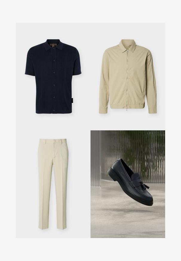Veste légère beige à manches longues, col, et fermeture éclair argentée sur toute la longueur à l'avant, sur fond blanc.; Chemise en maille bleu marine à manches courtes avec texture côtelée verticale, patte de boutonnage devant et col classique.; Pantalon beige coupé droit avec passants de ceinture et fermeture éclair à l'avant, présenté sur un fond clair uni.; Mocassins en cuir noir avec une texture lisse, un bout arrondi et des pampilles décoratives à l'avant. Semelle en caoutchouc flexible avec un petit talon.
