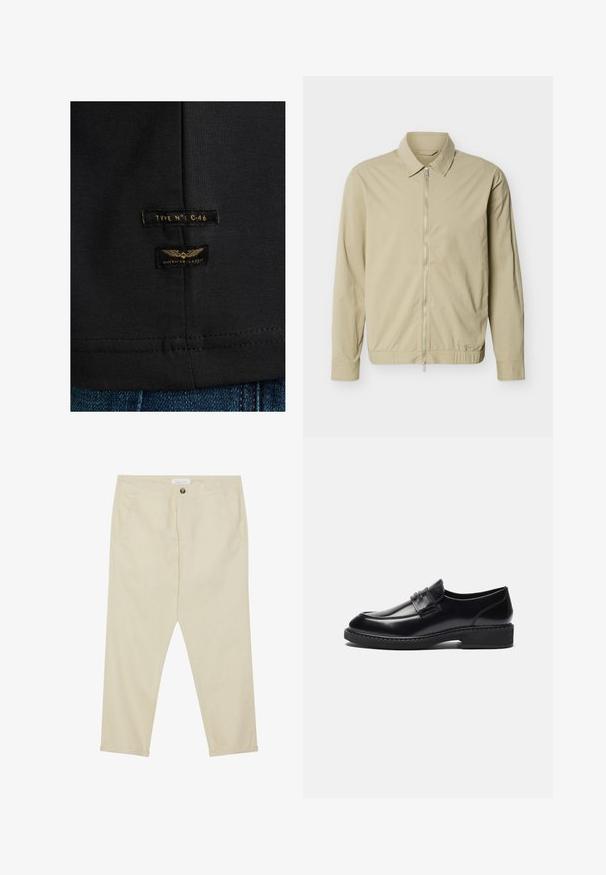 Chaqueta ligera de color beige con mangas largas, cuello y cremallera plateada de largo completo en la parte delantera sobre un fondo blanco.; Camiseta de algodón negra con dos etiquetas: "TIPO N°: C-46" y "CLÁSICO AMERICANO", con texto en dorado y un gráfico de alas. Detalle de dobladillo cosido.; Pantalones de algodón beige de corte recto, con bolsillos delanteros y cierre de un solo botón. De longitud hasta los tobillos y con una textura suave.; Zign by Zalando LEATHER - Mocasines elegantes - black