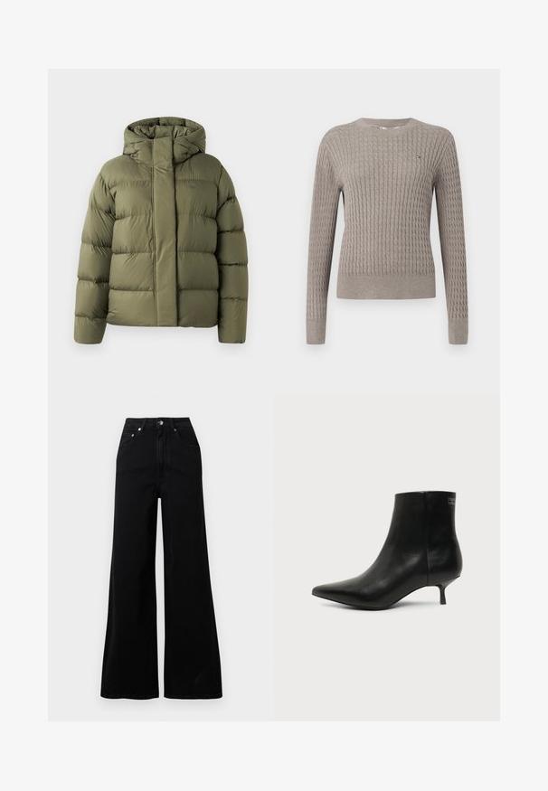 Olivegrüne gepolsterte Winterjacke mit hohem Kragen und verdecktem Reißverschluss, entworfen für kaltes Wetter.; Hellgrauer Rippstrickpullover mit langen Ärmeln und Rundhalsausschnitt. Verfügt über ein strukturiertes Muster und ein dezentes Logodetail auf der Brust.; Schwarze Jeans mit weitem Bein, gefertigt aus Denim, mit hoher Taille, fünf Taschen, vorderer Knopfverschluss und minimalen Nahtdetails.; Schwarzer Leder-Knöchel-Stiefel mit spitzer Spitze und niedrigem Kittenabsatz vor hellem Hintergrund, seitliche Ansicht.