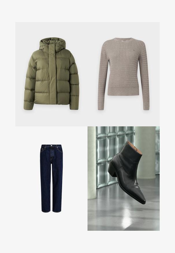 Olivenfarvet polstret vinterjakke med høj krave og skjult lynlås i front, designet til koldt vejr.; Lys grå ribbestrikket sweater med lange ærmer og rund hals. Har struktureret mønster og diskret logo-detalje på brystet.; Mørkeblå denim jeans med lige ben-design, der har høj talje, fem-lomme-stil og kontrastsyninger. Ingen dekorationer.; Sort læderankelstøvle med spids tå og blokhæl, der svæver over en reflekterende grå gulv nær en væg af glasblokke.