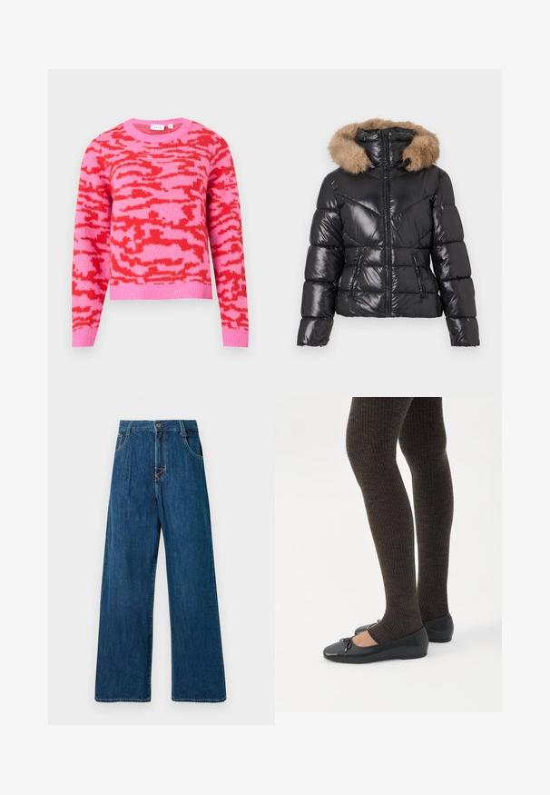 Doudoune noire brillante avec fermeture éclair frontale, deux poches zippées et une capuche avec un trim en fausse fourrure brun clair.; Pull rose avec un motif abstrait rouge, col rond, manches longues et ourlet côtelé. Confectionné en tissu tricoté doux.; Jean en denim à jambes larges, couleur bleu foncé, avec une fermeture à bouton, cinq poches et des détails de couture visibles. Texture lisse. Sans embellissements.; Jambes portant des leggings côtelés foncés associés à des ballerines noires avec de petits détails en nœud sur fond blanc.