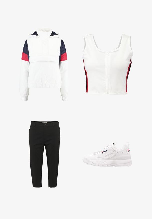 Chaqueta blanca corta con un alto cuello, que presenta mangas en bloques de color azul marino y rojo. Fabricada con un material suave y ligero.; Top de tirantes blanco recortado con cremallera frontal, que presenta rayas laterales rojas y negras. Está hecho de un material suave y elástico.; Pantalones cortos negros de tela lisa, con cierre de botón, bolsillos frontales y diseño de pierna recta.; Zapatilla deportiva blanca con un collar acolchado, parte superior de malla y cuero sintético, detalle del logo en rojo y azul marino, y una suela gruesa de goma.