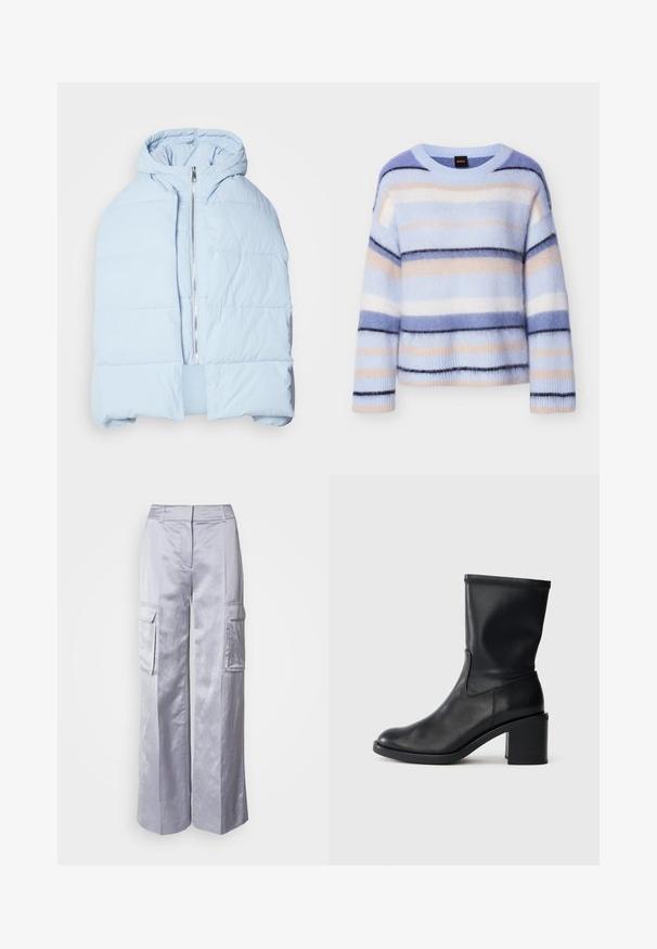 Lys blå, hættetrøje pufferjakke med en metallisk lynlås, der har quiltede paneler og et åbent frontdesign. Blødt, tekstureret stof.; Stribet sweater i lyseblå, sart rosa og marineblå. Blød, fluffy tekstur med rund hals og ribbet kant ved ærmerne. Letvægt og afslappet pasform.; Lysegrå bred-leg cargo bukser lavet af glat stof, med sidelommer, skræddersyet talje og uden synlige hængsler eller lynlåse.; Sort læder ankelstøvle med rund tå, glat tekstur og en grov hæl, der har et tætsiddende skaft og subtil syning.