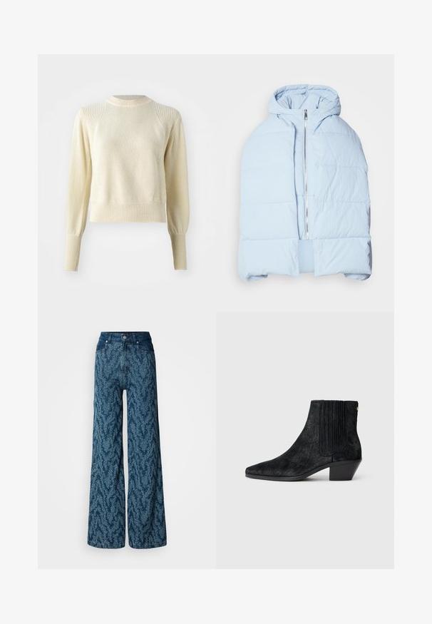 Chaqueta acolchada con capucha de color azul claro, con un cierre metálico, que presenta paneles acolchados y un diseño de frente abierto. Tela suave y texturizada.; Suéter crema con un patrón de punto texturizado, puños y dobladillo acanalados, y un escote redondo. Presenta mangas estructuradas y ligeramente abullonadas.; Vaqueros de pierna ancha con cintura alta en denim azul oscuro con un patrón abstracto moteado en azul claro, botón delantero y bolsillos.; Botín negro hasta el tobillo con punta afilada, material texturizado similar al pelo, panel lateral acanalado y un tacón bajo y cuadrado. Diseño simple y moderno.