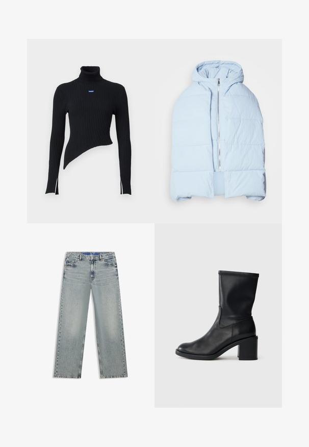 Lys blå, hættetrøje pufferjakke med en metallisk lynlås, der har quiltede paneler og et åbent frontdesign. Blødt, tekstureret stof.; Sort ribbet turtleneck sweater med asymmetrisk kant og sidesplitter. Har et lille blåt logo på brystet. Fremstillet af blødt materiale.; Lyseblå jeans med vide ben lavet af denim, med udvaskede områder, fem lommer og en blå mærket taljebånd.; Sort læder ankelstøvle med rund tå, glat tekstur og en grov hæl, der har et tætsiddende skaft og subtil syning.