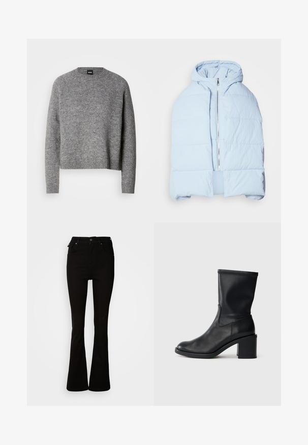 Lys blå, hættetrøje pufferjakke med en metallisk lynlås, der har quiltede paneler og et åbent frontdesign. Blødt, tekstureret stof.; Grå strikket sweater med rund hals, lange ærmer og ribbede manchetter og kant. Blød tekstur; minimalistisk design uden mønstre eller accenter.; Sorte flare jeans lavet af denim, med høj talje, forlommer og et klassisk fem-lomme design med metalhardware detaljer.; Sort læder ankelstøvle med rund tå, glat tekstur og en grov hæl, der har et tætsiddende skaft og subtil syning.