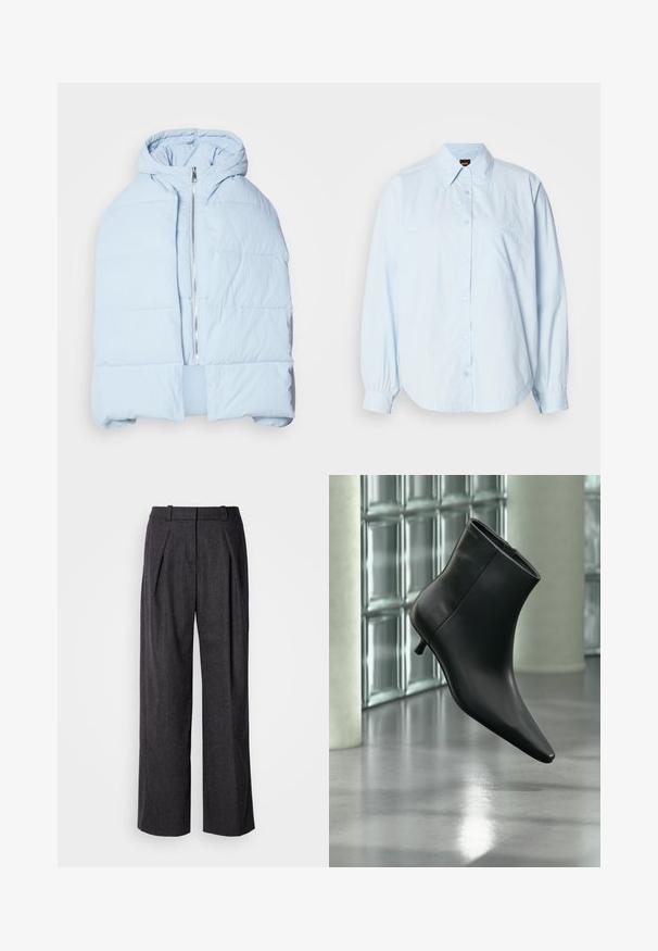 Hellblau, gefütterte Daunenjacke mit Kapuze, ausgestattet mit einem metallischen Reißverschluss, die über gesteppten Einsätzen und ein offenes Frontdesign verfügt. Weiches, strukturiertes Material.; Hellblaues, langärmliges Hemd aus Baumwolle mit Knopfleiste. Es hat einen Kragen, einen abgerundeten Saum und eine kleine Brusttasche mit gesticktem Logo.; Dunkelgraue weite Hosen aus strukturiertem Stoff, mit vorderen Falten und einem klassischen Taillendesign. Keine sichtbaren Taschen.; Schwarzer Leder-Stiefelette mit spitzer Zehenpartie und niedrigem Kitten-Heel, schräg dargestellt vor einem polierten Boden und einer Glasbausteinwand.