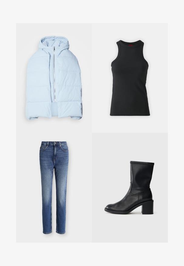 Veste en duvet à capuche bleu clair avec une fermeture éclair métallique, présentant des panneaux matelassés et un design à l'avant ouvert. Tissu doux et texturé.; Débardeur sans manches noir en tissu extensible. Présente un col rond et une silhouette ajustée avec des détails de couture minimaux.; Jean bleu moyen taille haute à coupe droite avec poches avant, passants de ceinture, fermeture par bouton, et détails légèrement délavés sur les cuisses et les genoux.; Botte en cuir noir à cheville avec un bout rond, texture lisse et un talon épais, présentant un tige ajustée et un subtil détail de couture.