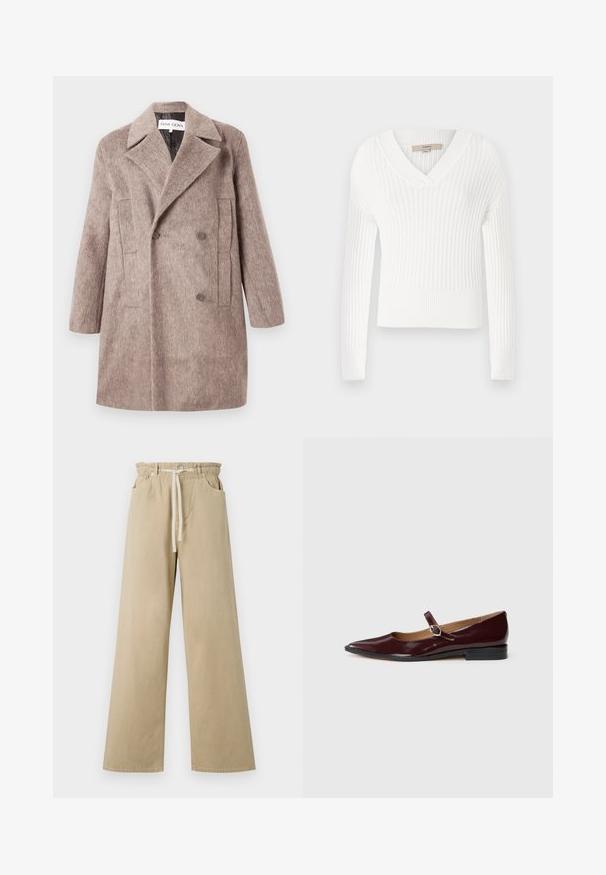 Taupe dobbeltbrystet uldfrakke med brede revers, to forlommer og en lige, midt-lår længde.; Hvid ribbet striktrøje med V-hals, lange ærmer og cropped design; har en struktureret overflade og tætsiddende manchetter.; Beige viddebenede bukser lavet af bomuld med elastisk talje og snøre. Har to sidelommer og en glat tekstur.; Bordeaux patentlæder Mary Jane flade sko med spids tå, flad hæl og en dekorativ rem med en cirkulær spændeaccent.