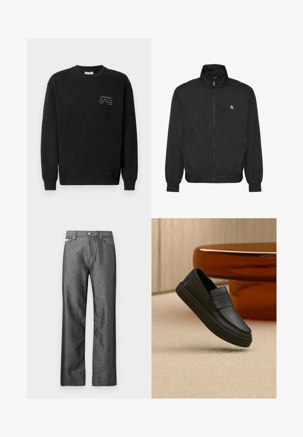 Veste noire zippée avec col haut, poignets et ourlet élastiques, avec un petit logo blanc CK sur la poitrine gauche.; Sweatshirt en coton noir à manches longues, col rond et poignets côtelés. Présente un logo brodé en bleu sur la poitrine.; Jean en denim gris avec une coupe droite, cinq poches, et des accents en boutons métalliques et rivets. Présente une texture subtile.; Mocassin en cuir noir à enfiler avec une bride sur le dessus, positionné sur un tapis beige et une table ronde marron.
