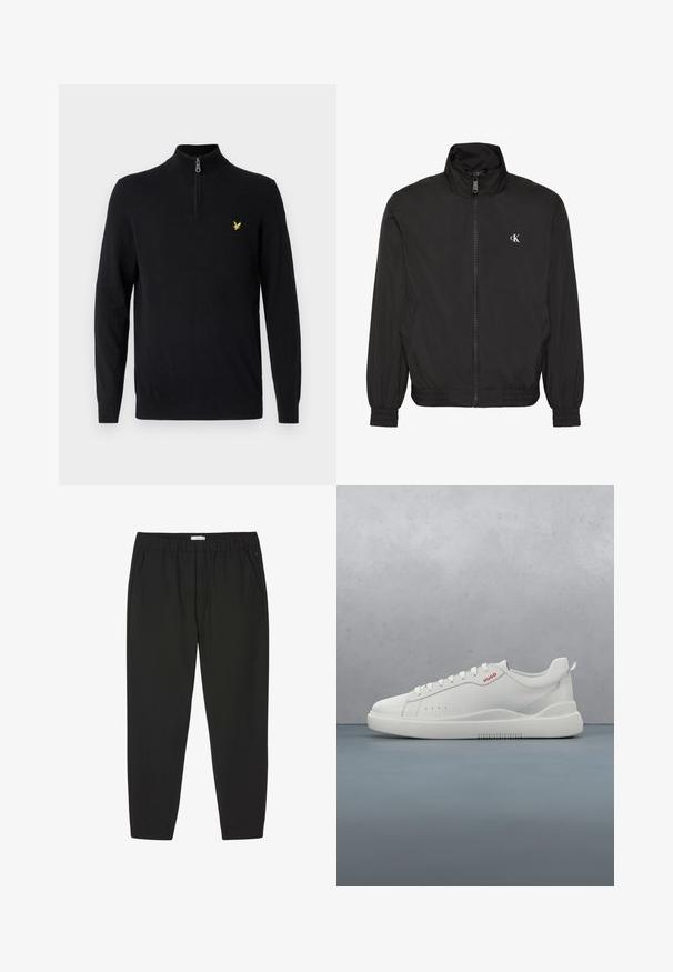 Veste noire zippée avec col haut, poignets et ourlet élastiques, avec un petit logo blanc CK sur la poitrine gauche.; Pull noir à col zippé en tissu lisse, doté de manches longues et d'un petit logo jaune sur la poitrine gauche.; Pantalon noir avec taille élastique, jambes droites et poches latérales, conçu pour un usage décontracté ou professionnel.; Sneaker blanche avec une finition en cuir lisse, bout rond, quatre œillets, perforations subtiles et un détail de logo rouge sur le côté.