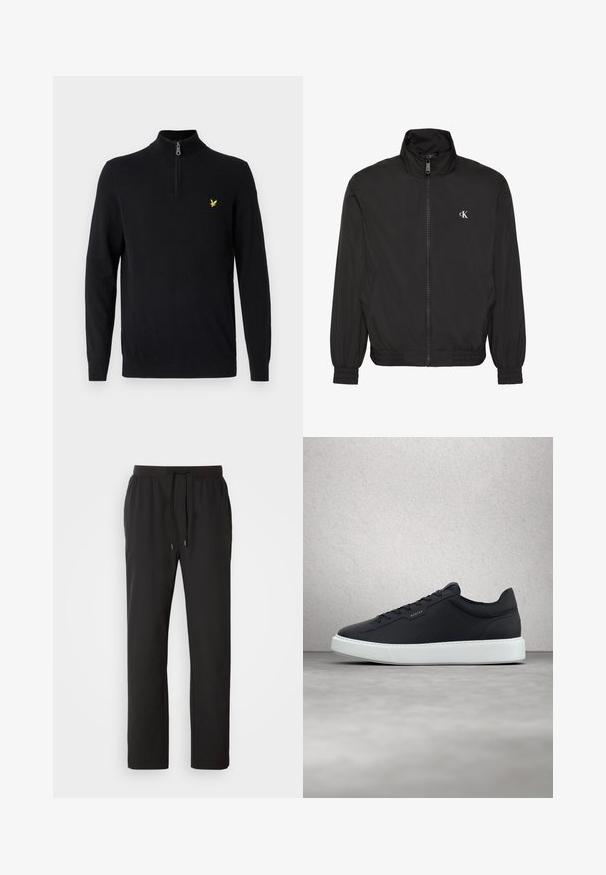 Chaqueta negra con cremallera, cuello alto, puños y dobladillo elásticos, con un pequeño logo blanco de CK en el pecho izquierdo.; Jersey negro con cremallera en el cuello, hecho de una tela suave, con mangas largas y un pequeño logo amarillo en el pecho izquierdo.; Pantalones de chándal negros hechos de tela ligera, con una cintura elástica y cordones ajustables, además de bolsillos laterales. Textura suave.; Zapatillas de cuero azul marino con suela de goma blanca, punta redonda, cordones planos y un sutil detalle de marca en el costado. Superficie texturizada.