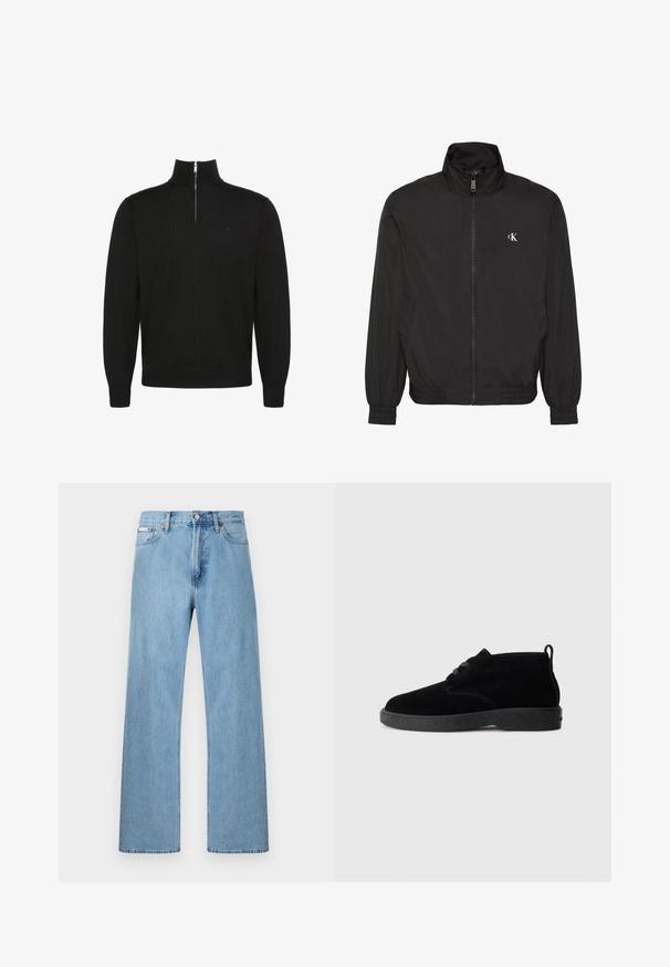 Chaqueta negra con cremallera, cuello alto, puños y dobladillo elásticos, con un pequeño logo blanco de CK en el pecho izquierdo.; Jersey negro de manga larga con cremallera a medio frente y puños y bajo de canalé, con un pequeño logo sutil en el pecho.; Vaqueros de mezclilla azul claro de pierna recta con diseño de cinco bolsillos y cierre de botón en la cintura, exhibidos sobre un fondo simple.; Botas de tobillo de ante negro con punta redondeada, diseño de cordones, suela de goma negra y una lengüeta en la parte trasera para facilitar su uso.