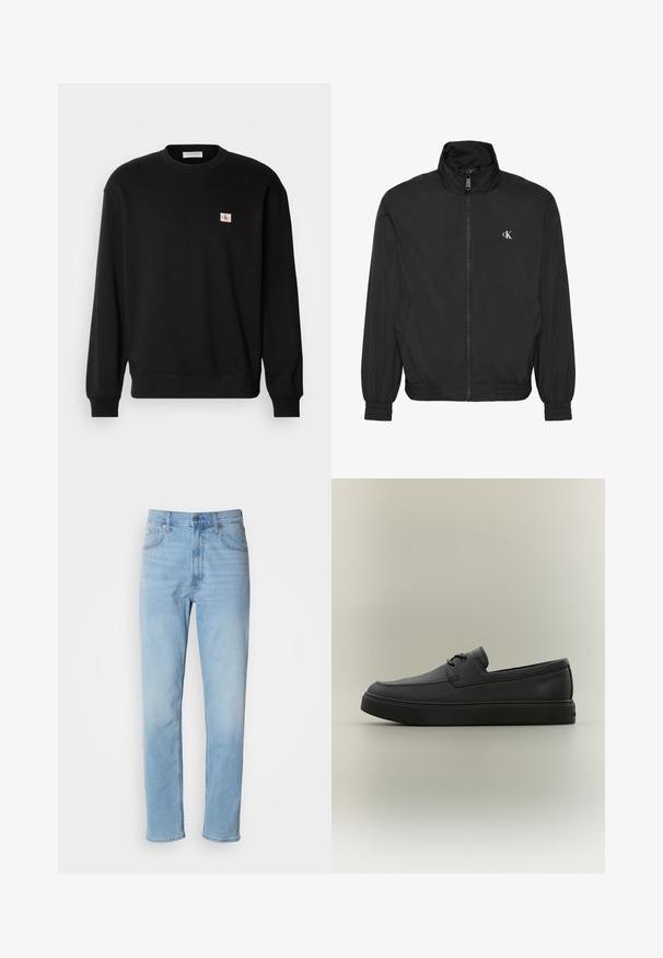 Zwarte jas met ritssluiting, hoge kraag, elastische manchetten en zoom, met een klein wit CK-logo op de linkerborst.; Zwarte katoenen crewneck sweatshirt met lange mouwen, voorzien van een klein, rechthoekig logo-patch op de borst en geribbelde manchetten.; Lichtblauwe denim jeans met een rechte pasvorm, vijf zakken en riemlussen. De stof heeft een gladde textuur met een lichte vervaging.; Zwarte casual leren loafer met veters en dikke rubberen zool, zijaanzicht op een neutrale achtergrond.