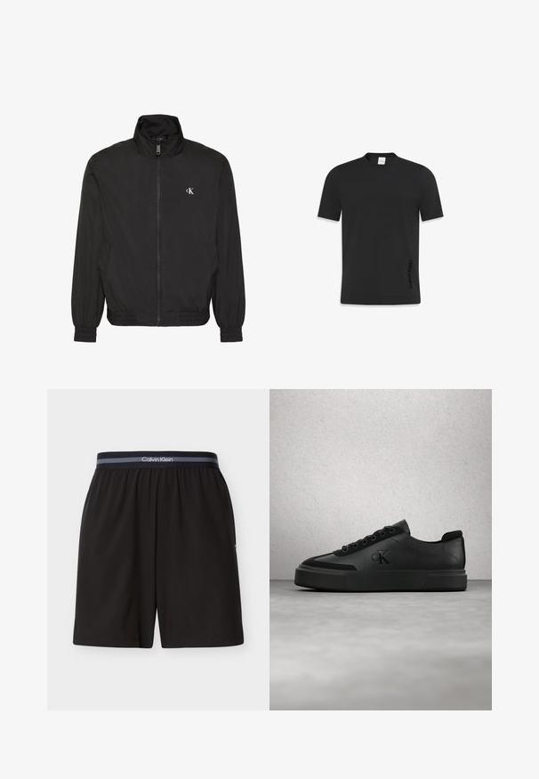 Veste noire zippée avec col haut, poignets et ourlet élastiques, avec un petit logo blanc CK sur la poitrine gauche.; T-shirt noir à manches courtes en coton lisse, avec un col rond classique et un petit logo imprimé sur le côté inférieur.; Shorts noirs Calvin Klein pour hommes avec taille élastique et bande de marque, longueur au genou, design uni, présentés à plat sur fond blanc.; Baskets basses noires à lacets avec logo embossé, flottant au-dessus d'un sol en béton poli près d'un mur en verre.