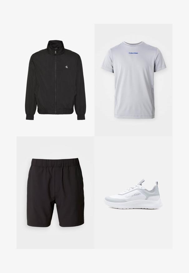 Sort jakke med lynlås og høj krave, elastiske manchetter og kant, med lille hvidt CK-logo på venstre bryst.; Lys grå kortærmet t-shirt lavet af tekstureret stof, med et blåt "Calvin Klein" logo tværs over brystet. Rund halsudskæring, normal pasform.; Sorte shorts lavet af strækbart stof, med en elastisk talje, sidelommer og et simpelt, rent design. Ingen mønstre eller detaljer.; Hvid og grå Calvin Klein sneaker med snøreføring foran, polstret sål og stropper på tunge og hæl.
