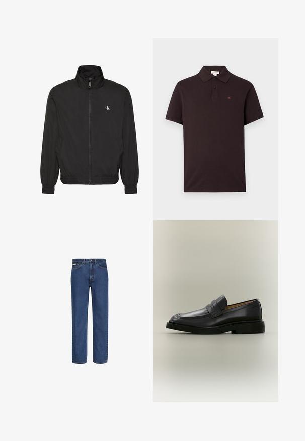 Schwarze Jacke mit Reißverschluss, hohem Kragen, elastischen Bündchen und Saum, mit kleinem weißem CK-Logo auf der linken Brust.; Schwarzes Polohemd aus Baumwolle mit klassischem Kragen, zwei Knöpfen und kleinem rotem Logo auf der Brust. Kurze Ärmel, glatte Textur.; Blaue Jeans mit geradem Bein aus Denim, mit fünf Taschen, einem Knopf- und Reißverschluss sowie dezenter Verblassung am Stoff.; Schwarzer Leder-Herrenloafer mit niedrigem Absatz und Riemendetail über dem Vorderblatt, im Profil auf neutralem Hintergrund gezeigt.