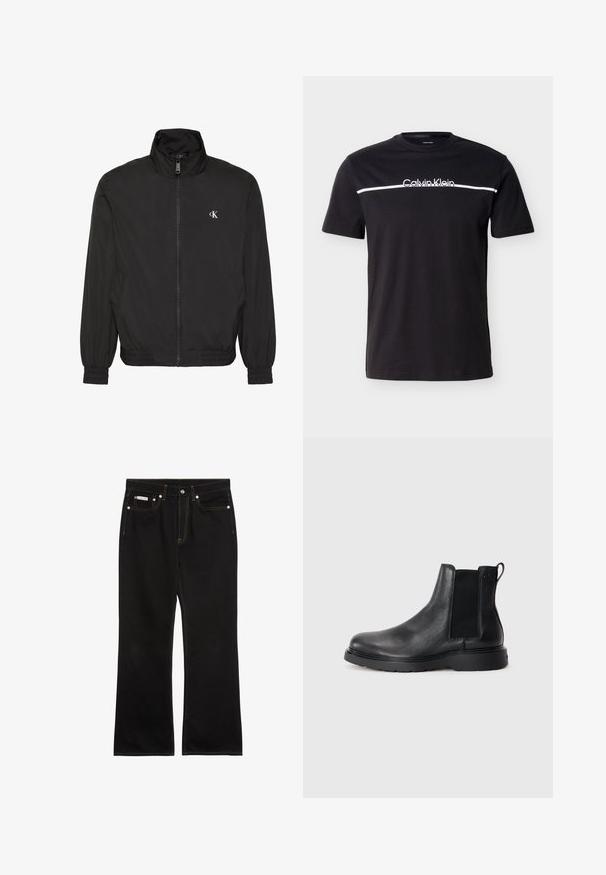 Veste noire zippée avec col haut, poignets et ourlet élastiques, avec un petit logo blanc CK sur la poitrine gauche.; T-shirt noir à manches courtes avec une bande horizontale blanche sur la poitrine et le logo "Calvin Klein" centré au-dessus de la bande.; Jean noir droit avec coutures orange, cinq poches, fermeture par bouton, et une petite étiquette Calvin Klein sur la poche avant droite.; Bottes Chelsea en cuir noir avec une finition texturée, des panneaux latéraux élastiques et une semelle en caoutchouc robuste. Branding subtil sur le talon.