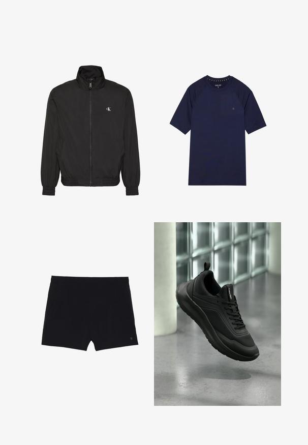 Schwarze Jacke mit Reißverschluss, hohem Kragen, elastischen Bündchen und Saum, mit kleinem weißem CK-Logo auf der linken Brust.; Kürzärmliges T-Shirt in Marineblau aus glattem Stoff. Mit Rundhalsausschnitt und Raglanärmeln sowie einem kleinen Logo auf der Brust.; Schwarze Sportshorts mit glatter Textur, elastischem Bund und zwei Seitentaschen. Mit einem kleinen Logo auf der unteren rechten Seite.; Schwarzer Calvin Klein Sneaker mit Mesh- und festen Paneelen, Schnürsenkeln und Zuglasche, schwebt über poliertem Betonboden neben Glasbausteinen.