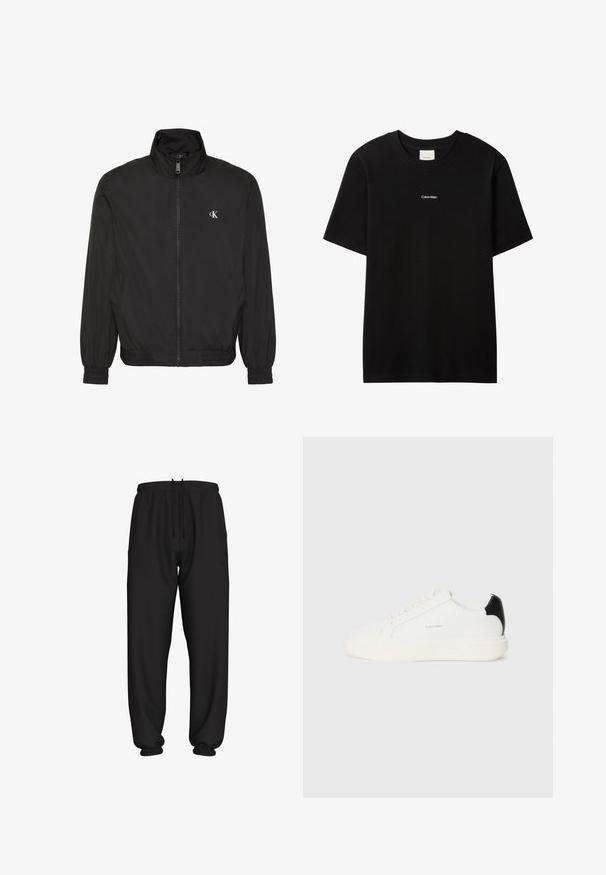 Sort jakke med lynlås og høj krave, elastiske manchetter og kant, med lille hvidt CK-logo på venstre bryst.; Sort bomulds-T-shirt med rund hals og korte ærmer. Har en lille hvid "Calvin Klein"-logo på forsiden. Glat, klassisk pasform.; Svarte løstsiddende joggingbukser med elastisk talje og manchetter, med justerbar snøre i taljen.; Hvide lædersneakers med en sort accent på hælen, rund tå, flade snørebånd og en tyk hvid sål. Calvin Klein-logoet vises.