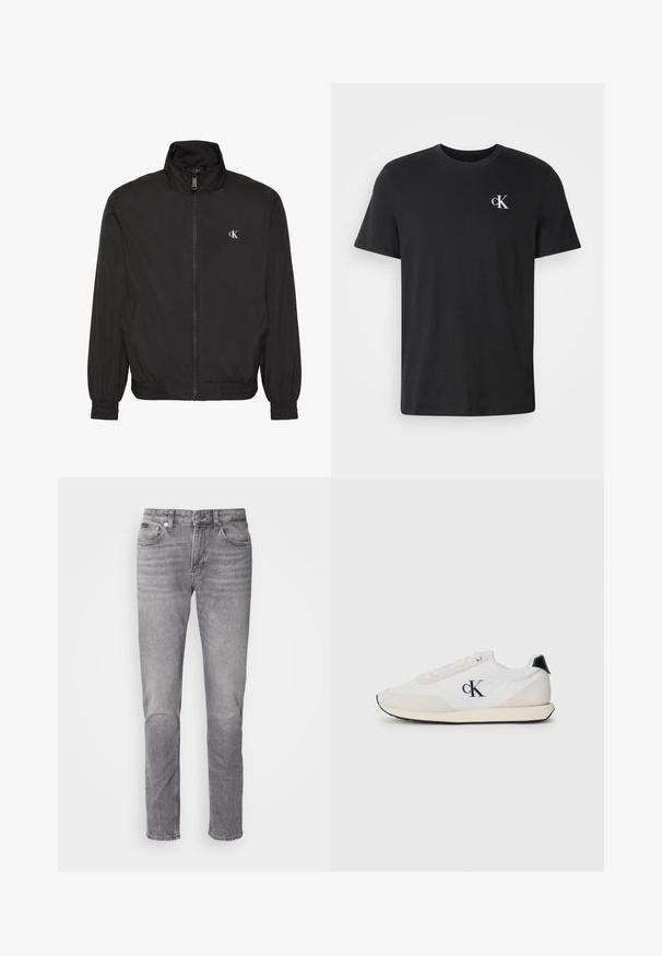 Chaqueta negra con cremallera, cuello alto, puños y dobladillo elásticos, con un pequeño logo blanco de CK en el pecho izquierdo.; Camiseta negra de manga corta con cuello redondo y pequeño logo blanco "cK" en el pecho superior izquierdo.; Jeans de mezclilla gris con diseño de pierna recta, cinco bolsillos, costuras visibles y una textura ligeramente desgastada. Cierre frontal con botón.; Zapatilla blanca con materiales de ante y tela. Presenta un acento negro en el talón, diseño con cordones y un pequeño logotipo negro en el lateral.