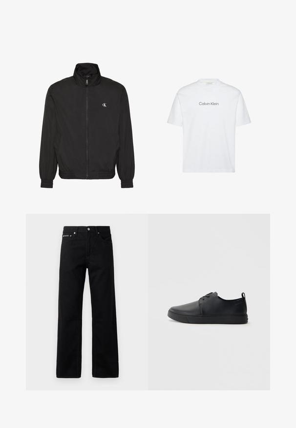 Schwarze Jacke mit Reißverschluss, hohem Kragen, elastischen Bündchen und Saum, mit kleinem weißem CK-Logo auf der linken Brust.; Weißes Baumwoll-T-Shirt mit kurzen Ärmeln. Es verfügt über einen Rundhalsausschnitt und ein graues, aufgedrucktes "Calvin Klein"-Logo auf der Brust.; Schwarze Denim-Jeans mit geradem Bein, fünf Taschen und einem Logotag auf der Vorderseite, mit Metallbeschlägen und einer glatten Textur.; Schwarze Leder-Sneaker mit glatter Oberfläche, abgerundeter Zehenpartie, gleichfarbiger Nähte, schnürbarem Vorderteil und flacher Gummisohle. Schlaufe an der Ferse.