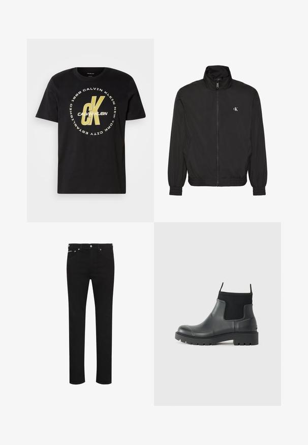 Schwarze Jacke mit Reißverschluss, hohem Kragen, elastischen Bündchen und Saum, mit kleinem weißem CK-Logo auf der linken Brust.; Schwarzes Baumwoll-T-Shirt mit kurzen Ärmeln, rundem Ausschnitt und großem weißen und goldenen Grafiklogo mit "Calvin Klein" und "CK."; Schwarze Slim-Fit-Jeans mit Frontknopf, Gürtelschlaufen und sichtbaren Fronttaschen, dargestellt auf weißem Hintergrund.; Schwarze Knöchelstiefel aus Gummi mit matter Oberfläche, die ein schlankes Design, elastische Einsätze und eine robuste Sohle für bessere Bodenhaftung bieten.