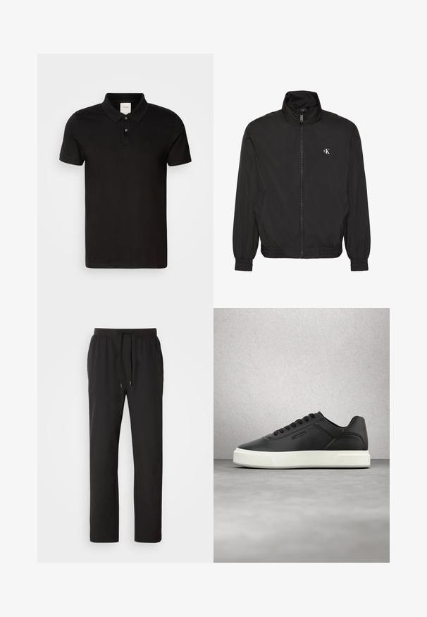 Zwarte jas met ritssluiting, hoge kraag, elastische manchetten en zoom, met een klein wit CK-logo op de linkerborst.; Zwarte polo met een gladde stof en een klassieke kraag. Bevat twee knopen bij de hals, korte mouwen en een subtiel logo op de borst.; Zwarte joggingbroeken van lichtgewicht stof, met een elastische tailleband en verstelbare trekkoorden, evenals zijzakken. Soepele textuur.; Zwarte leren sneakers met een witte rubberen zool, afgeronde neus en platte veters. Gestructureerde accenten aan de zijkanten, minimalistisch design.