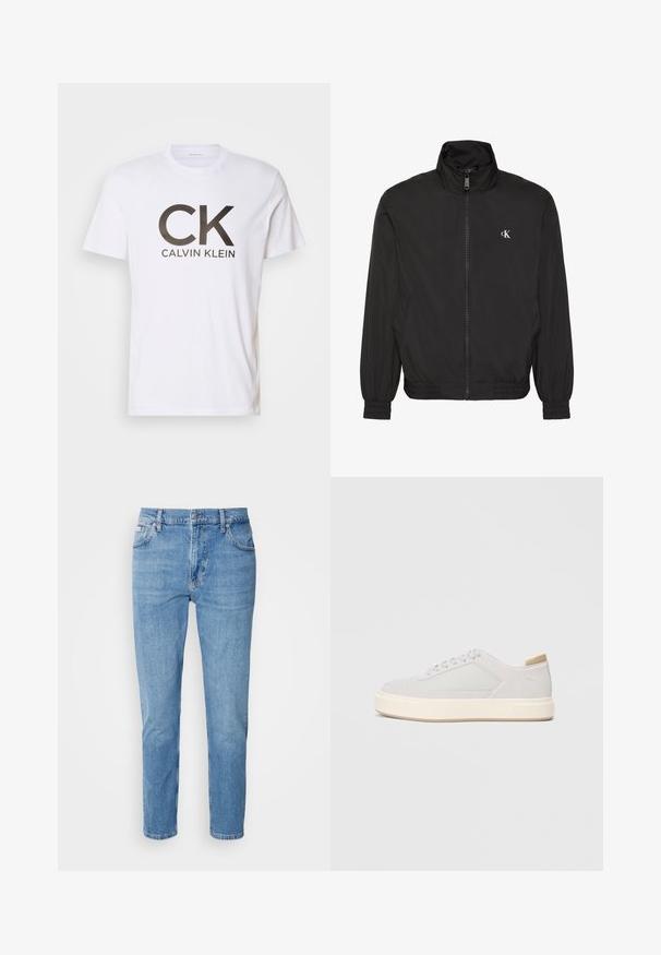Sort jakke med lynlås og høj krave, elastiske manchetter og kant, med lille hvidt CK-logo på venstre bryst.; Hvid bomuld t-shirt med et stort sort "CK" logo og "CALVIN KLEIN" tekst nedenfor. Klassisk rund hals og korte ærmer.; Lys blå denim jeans med lige snit, fem-lomme design og subtilt slid. Har knaplukning og bæltestropper.; Lys grå sneakers med en glat syntetisk overdel, rund tå og en struktureret crème mellemsål. Lysebrune accenter på hælen.