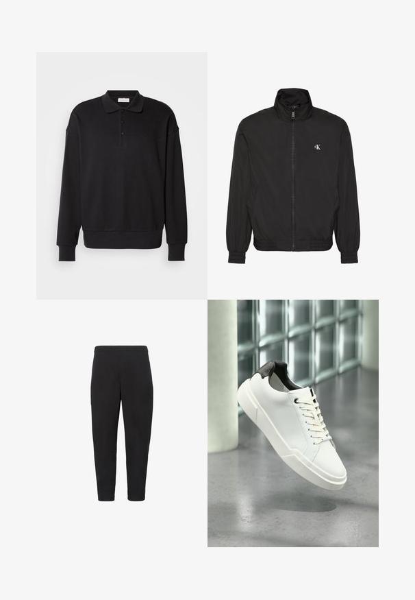 Čierna bunda na zips s vysokým golierom, elastickými manžetami a lemom, so malým bielym logom CK na ľavej strane hrudníka.; Čierna polokošeľa s dlhým rukávom, rebrovaná textúra, s trojicou gombíkov, vyšitým logom na hrudi, priliehavé manžety a spodný lem. Mäkka zmes bavlny.; Čierne zúžené nohavice s elastickým pásom, bočnými vreckami a strihom po členky, zobrazené na bielom pozadí.; Biela nízka teniska s čiernou textúrovanou pätkou, bielymi šnúrkami a hrubou podrážkou na leštenej betónovej podlahe pri sklenených blokoch.