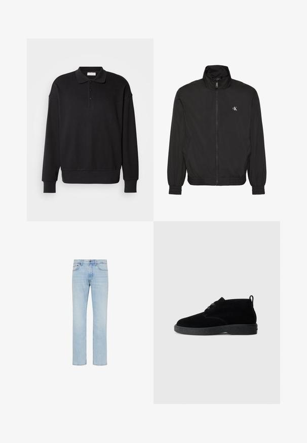 Must zip-up jope kõrge kraega, elastsete varrukate ja äärega, millel on väike valge CK logo vasakul rinnal.; Must have pikkade varrukatega polo-särk, sooniline tekstuur, kolme nupuga kaelus, tikandiga logo rinnal, sobivad mansetid ja serv. Pehme puuvilla segumaterjal.; Hele sinised sirge säärega teksapüksid esiküljel nupu, lukuga ning viie tasku disainiga, pildil valgel taustal.; Mustad nahast pahkluu saapad ümarate varvastega, paeltega disain, must kummitald ja seljaosas tõmblõng mugavaks selga panemiseks.