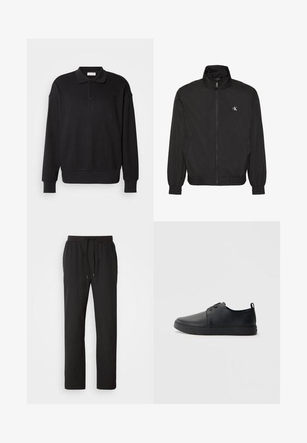 Schwarze Jacke mit Reißverschluss, hohem Kragen, elastischen Bündchen und Saum, mit kleinem weißem CK-Logo auf der linken Brust.; Schwarzes Langarm-Polohemd, gerippte Textur, Knopfleiste mit drei Knöpfen, gesticktes Logo auf der Brust, enganliegende Bündchen und Saum. Material aus weichem Baumwollmix.; Schwarze Jogginghosen aus leichtem Stoff, mit einem elastischen Bund und verstellbaren Kordeln sowie Seitentaschen. Glatte Textur.; Schwarze Leder-Sneaker mit glatter Oberfläche, abgerundeter Zehenpartie, gleichfarbiger Nähte, schnürbarem Vorderteil und flacher Gummisohle. Schlaufe an der Ferse.