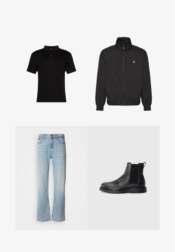 Chaqueta negra con cremallera, cuello alto, puños y dobladillo elásticos, con un pequeño logo blanco de CK en el pecho izquierdo.; Polo negro de tela suave, con cuello de solapa, tapeta con tres botones y un pequeño logo en el lado izquierdo del pecho.; Jeans de mezclilla azul claro con corte recto, que cuentan con cinco bolsillos, un cierre de botón y un ligero desvanecimiento en la tela.; Botas Chelsea de cuero negro con acabado texturizado, paneles laterales elásticos y una suela de goma resistente. Marca sutil en el talón.