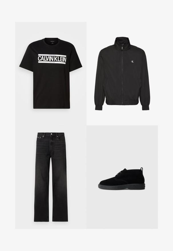 Schwarze Jacke mit Reißverschluss, hohem Kragen, elastischen Bündchen und Saum, mit kleinem weißem CK-Logo auf der linken Brust.; Schwarzes T-Shirt mit kurzen Ärmeln und weißem "CALVIN KLEIN NEW YORK" Logo in der Mitte der Brust, Rundhalsausschnitt und Etikett in Größe Medium im Kragen.; Schwarze Jeans mit geraden Beinen, fünf Taschen, Gürtelschlaufen und Knopfverschluss, auf weißem Hintergrund dargestellt.; Schwarze Wildleder-Stiefeletten mit runder Zehenpartie, Schnürdesign, schwarzem Gummisohle und einem Zugband an der Rückseite für einfaches An- und Ausziehen.