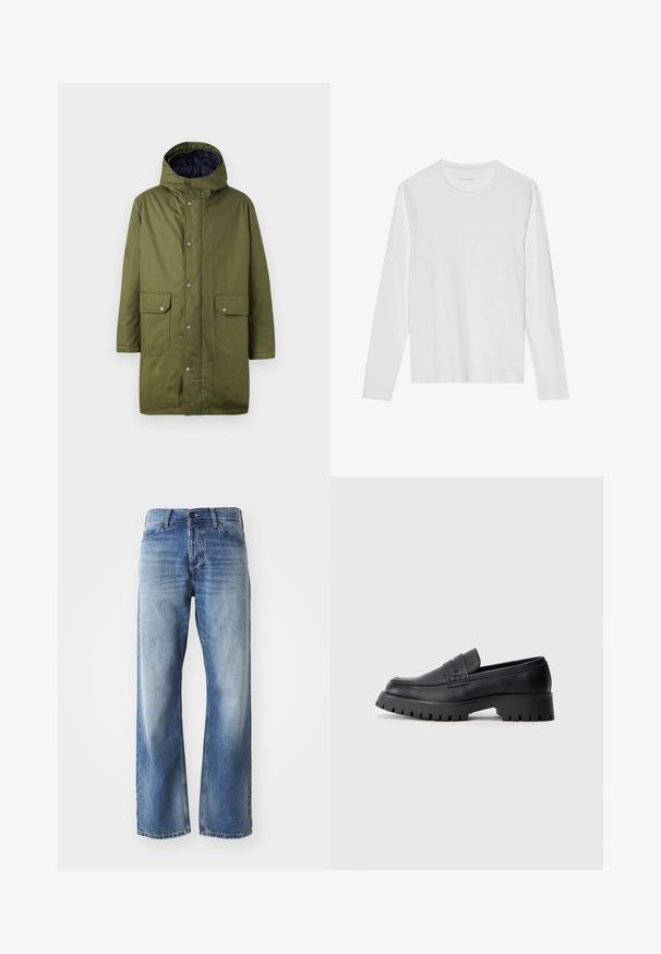 Replay HOODED - Parka - mud green; Wit T-shirt met lange mouwen gemaakt van zacht katoen, met een ronde halslijn en een gladde textuur zonder zichtbare patronen of accenten.; Blauwe denim straight-leg jeans met lichte vervaging op de dijen en knieën, met vijf zakken en een knoopsluiting.; Zwarte leren instappers met een ronde neus, voorzien van een decoratieve riem en een stevige rubberen zool met diepe groeven voor grip.