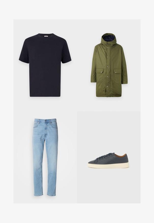 Replay HOODED - Parkaer - mud green; Marineblå bomulds T-shirt med rund halsudskæring, korte ærmer og afslappet pasform; glat tekstur; ingen synlige mønstre eller hardware.; Lys blå denim jeans med lige pasform, fem lommer og bæltestropper. Stoffet har en glat overflade med en let falmningseffekt.; Marineblå lædersneaker med en cremefarvet sål, der har snørelukning, rund tå og minimalistiske designelementer, herunder tonale accenter.