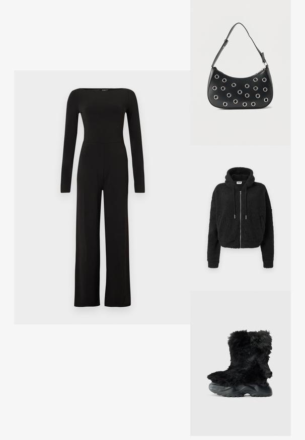 Sort cropped hoodie lavet af tekstureret fleece. Har lynlås foran, hætte med snoretræk og ribbet manchetter. Ingen yderligere mønstre eller detaljer.; Sort jumpsuit med lange ærmer og vide ben, tætsiddende talje og bådudskæring, vist mod en ensfarvet lys baggrund.; Sort, fuzzy ankelstøvle med en struktureret overdel, der har en tykk sort gummisål og et mønster for greb og stabilitet.; Sort læder skuldertaske med justerbar rem, dekoreret med sølvfarvede metalnitter og lukning med øverste lynlås.